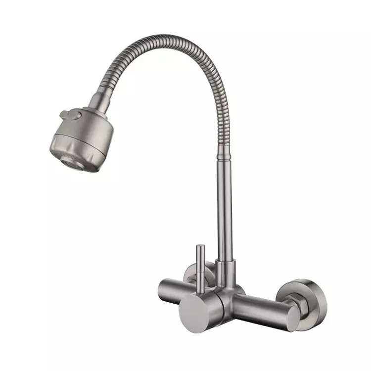 Faucet Universali ta 'Ilma sħun u kiesaħ b'toqba doppja immuntat fuq il-ħajt tal-kċina Faucet Universali ta 'Ilma sħun u kiesaħ b'toqba doppja immuntat fuq il-ħajt tal-kċina